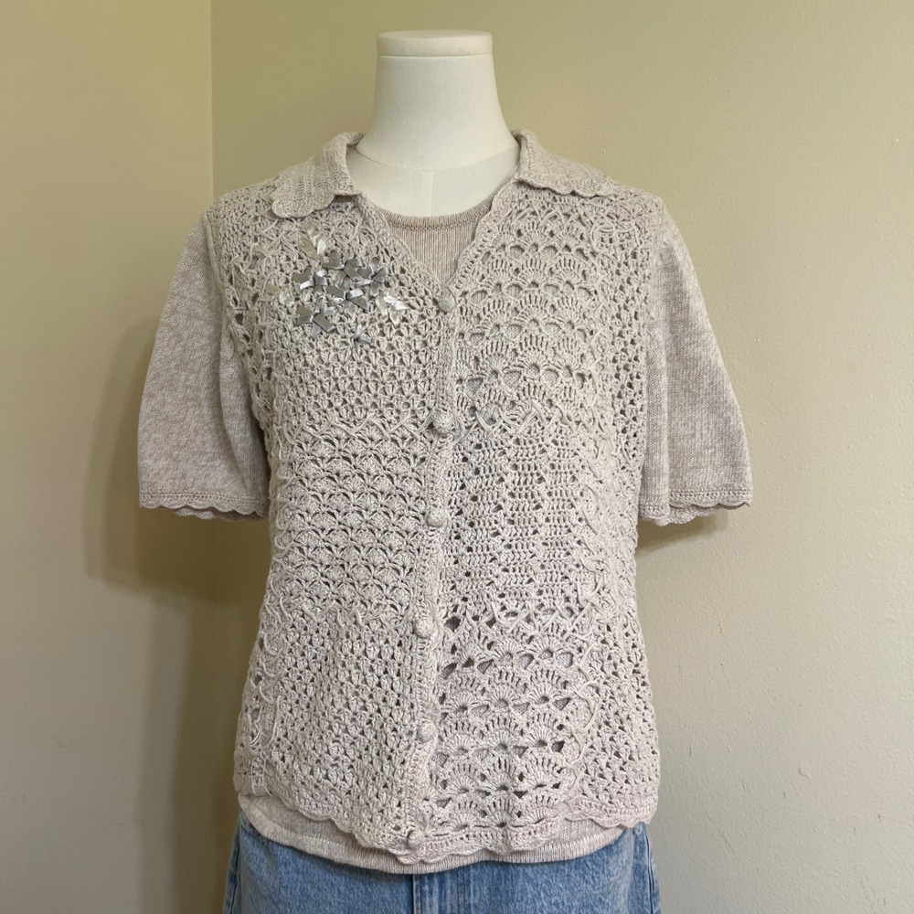 Teddi Vintage Crochet Knit Sweater Set Beige Ramie Cotton Twin Set Small 82041